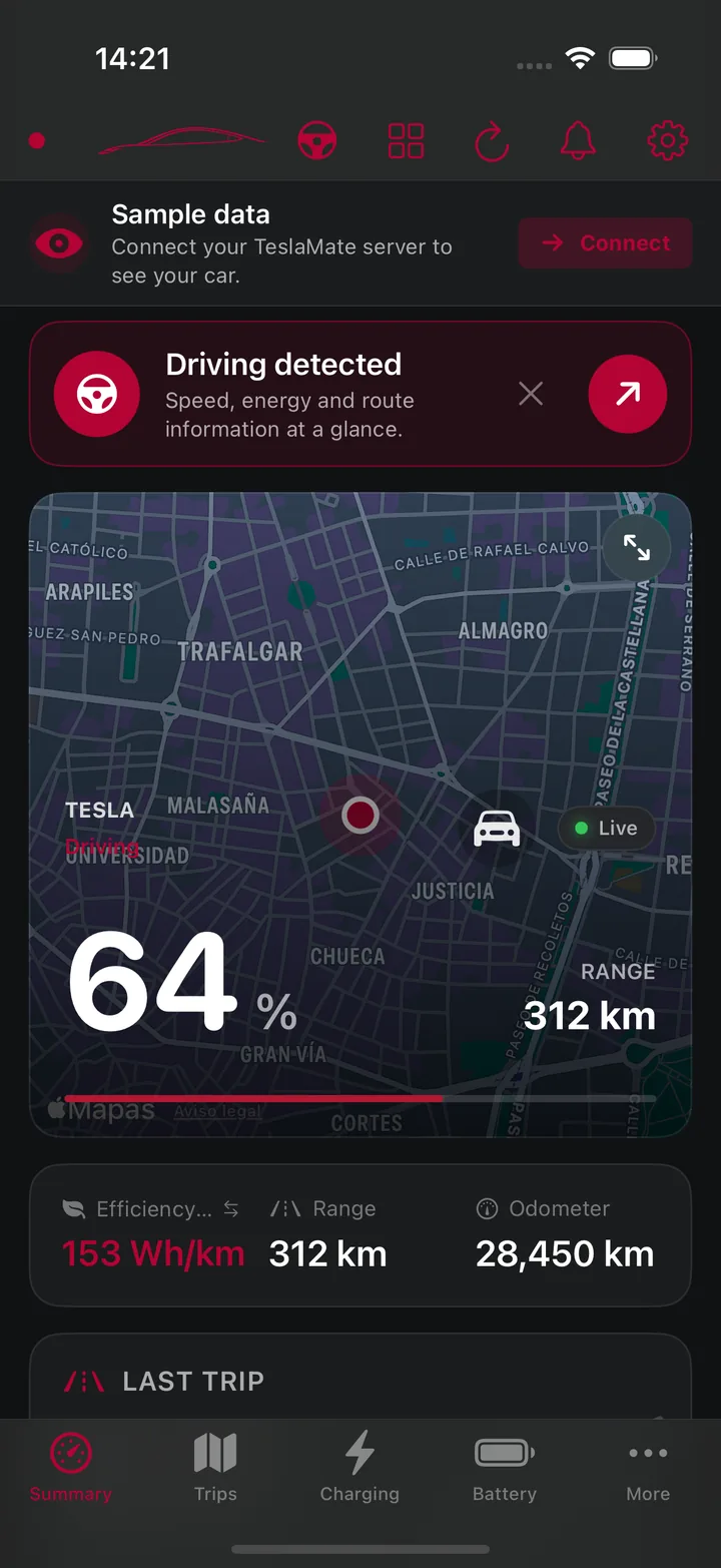 Real Tesstats summary screen with vehicle status and energy insights